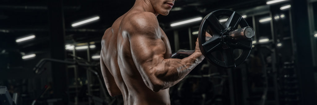 Muscular bodybuilder doing heavy deadlifts in moder fitness center